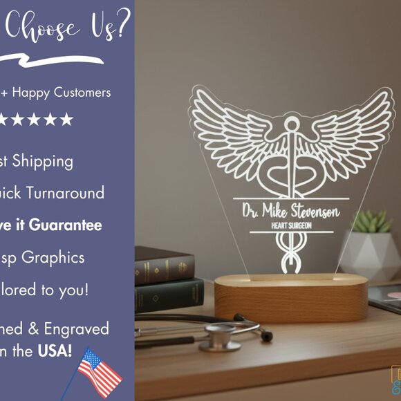 Nurse Personalized Night Light | Custom Caduceus Medical Gift for Healthcare - Picture 4 of 8